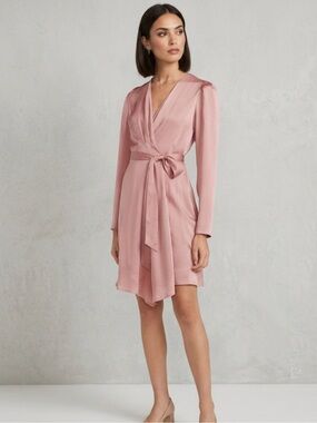 Express Satin Wrap Dress – Size M | Soft‑Girl Luxe | Wedding‑Guest Ready